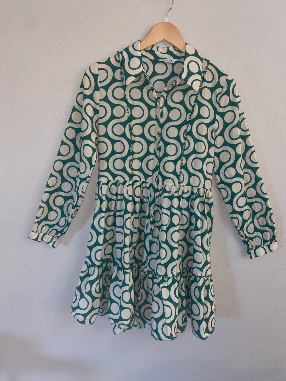 Zara Green Cream Retro Geometric Tiered Mini Shirt Dress Size M 100% Cotton